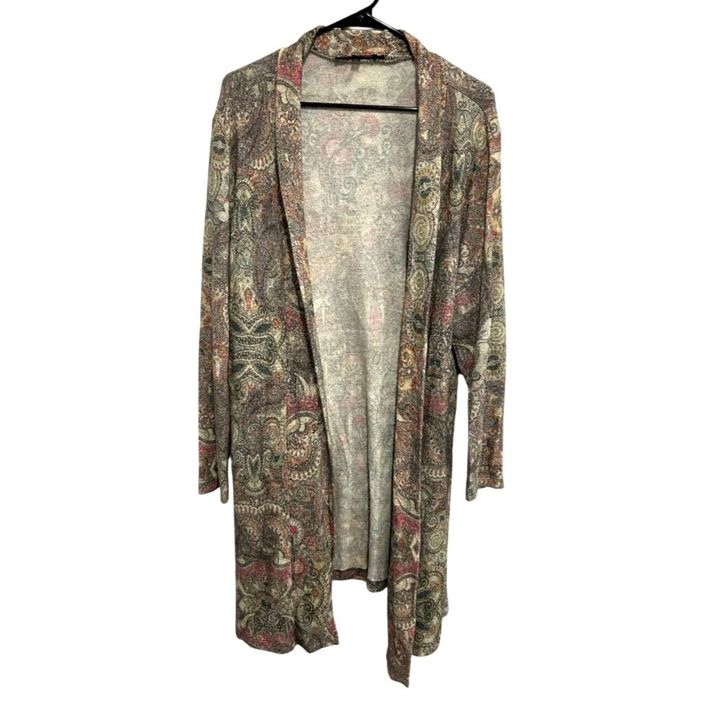 Vintage Robert Kitchen Womens Brown Paisley Open Front Long Cardigan SZ XXLarge